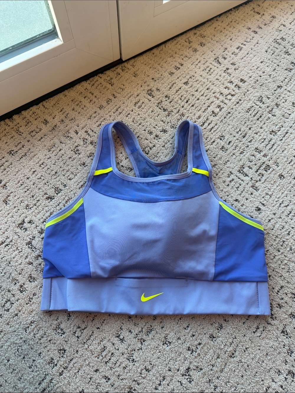 Nike Women's Light Blue and Royal Blue Sports Bra with Neon Yellow Accents